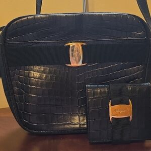Salvatore Ferragamo Vintage Black Crocodile Embossed  Bag With Wallet